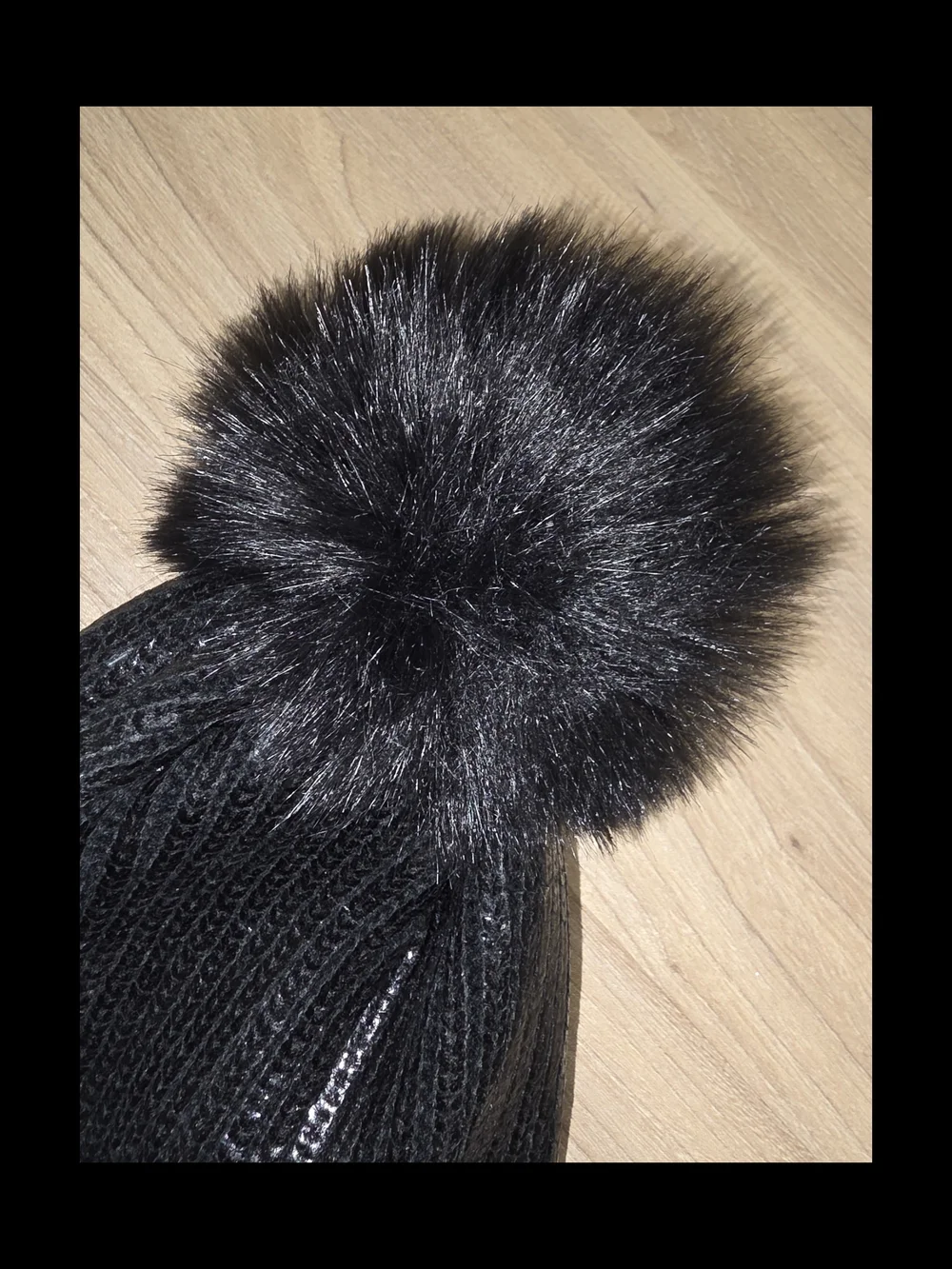 Adrienne Landau Metalic Black Ribbed Knit Beanie with Faux Fur Pom